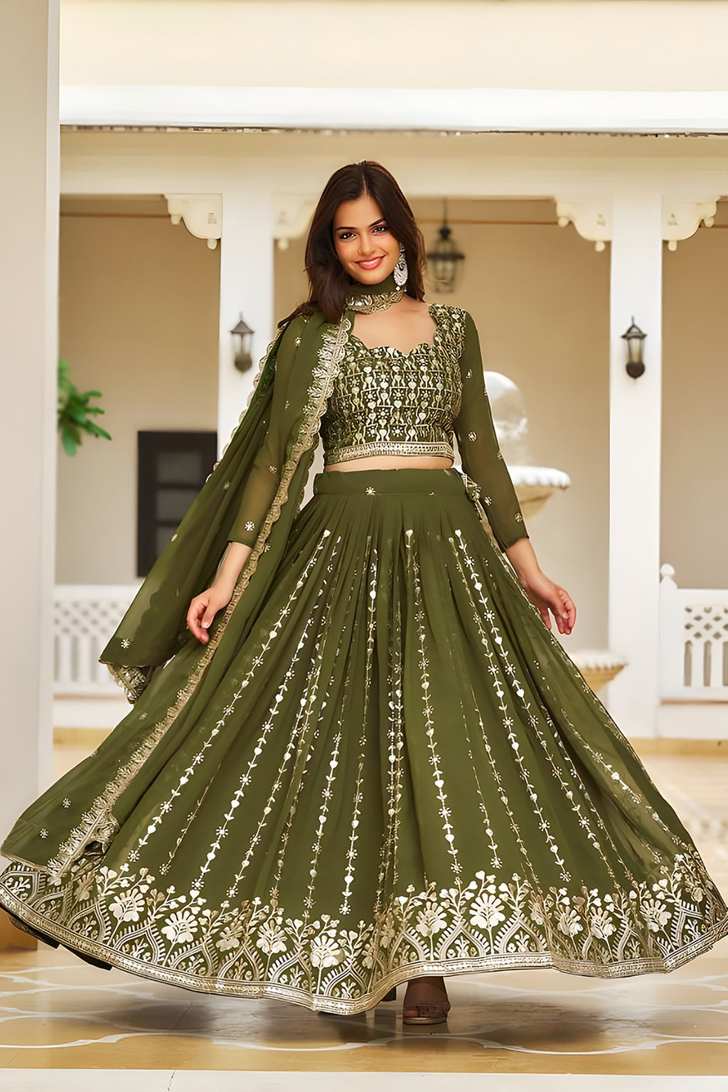 Mehendi Georgette Embroidered Sequins Lace Lehenga with Dupatta Set