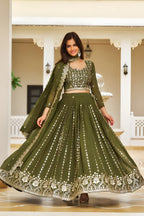 Mehendi Georgette Embroidered Sequins Lace Lehenga with Dupatta Set
