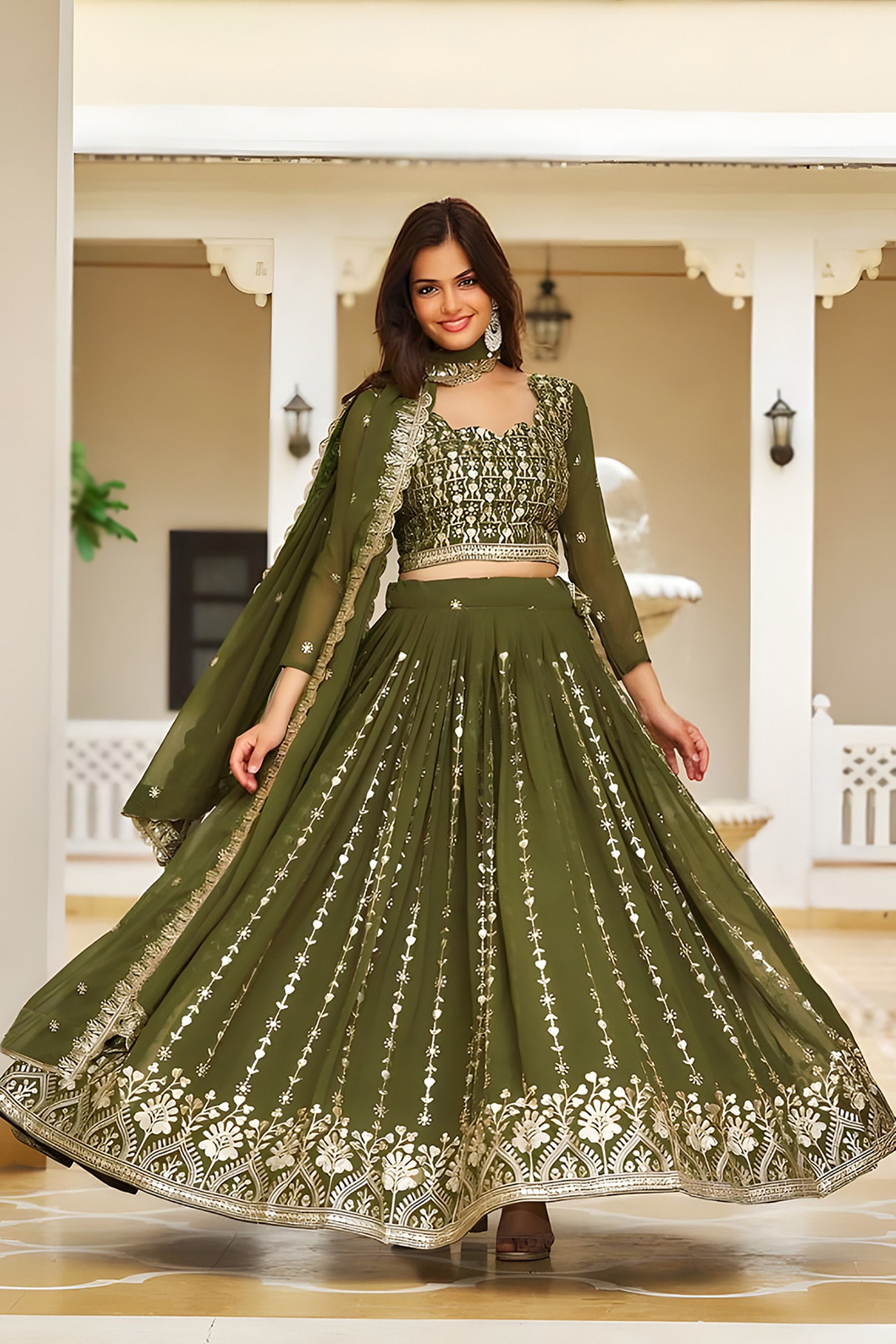 Mehendi Georgette Embroidered Sequins Lace Lehenga with Dupatta Set