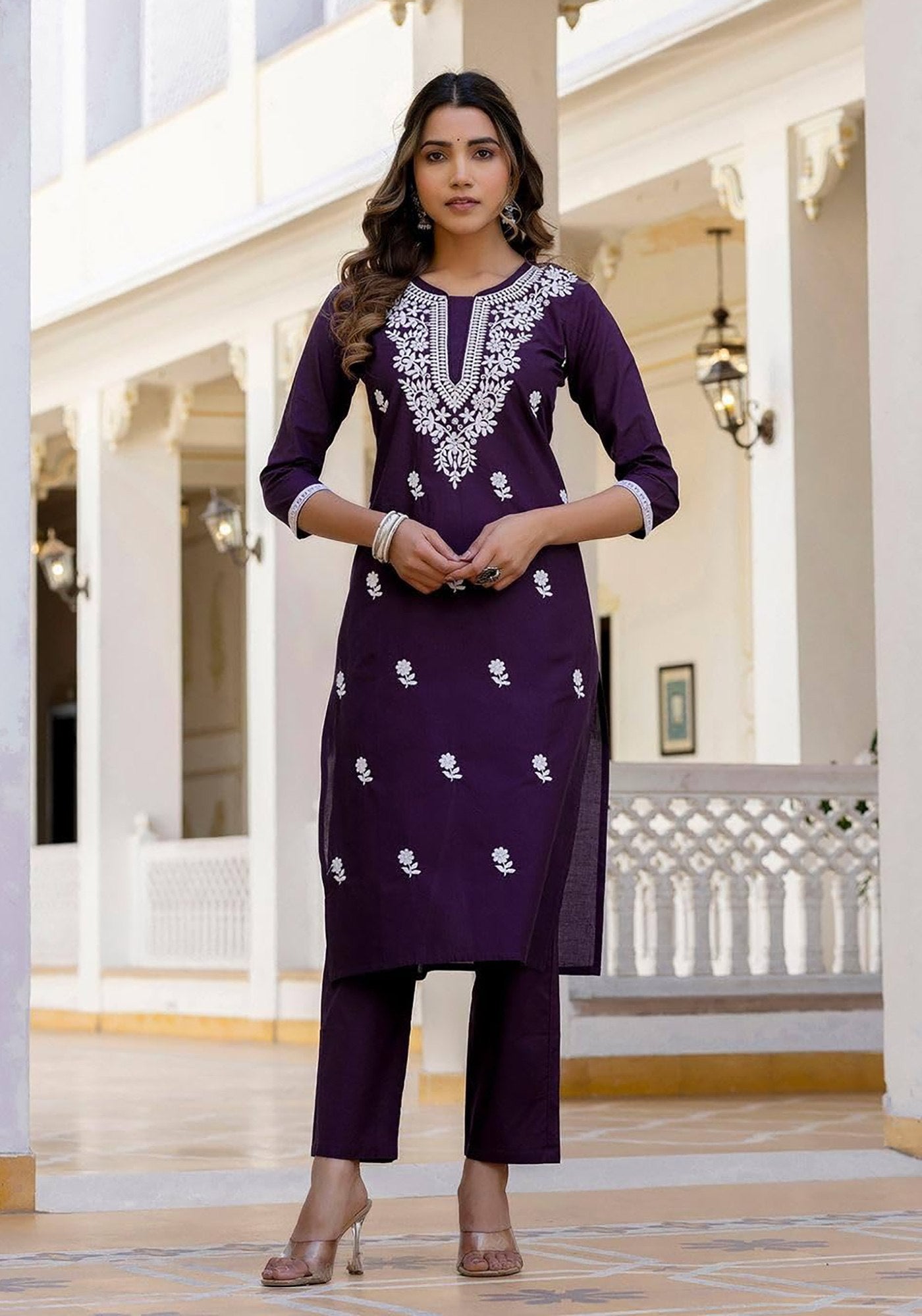 Cotton Silk Embroidered Purple Kurta Set with Dupatta