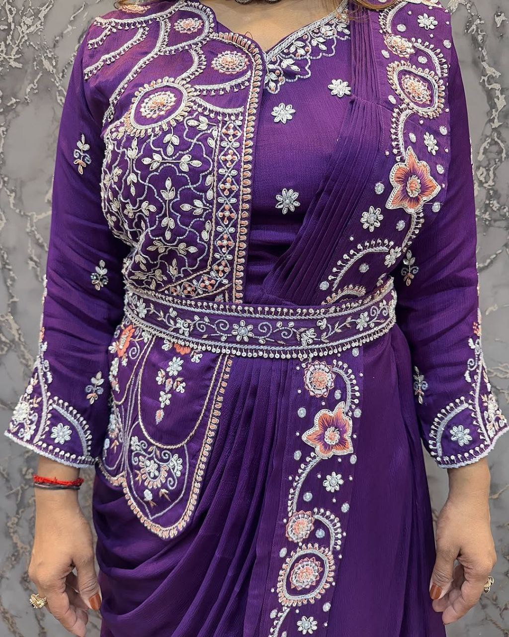 Designer Royal Blue Saree-Style Gown with Attached Embroidered Jacket