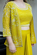 Embroidered Indo-Western Draped Skirt & Crop Top with Blazer Jacket