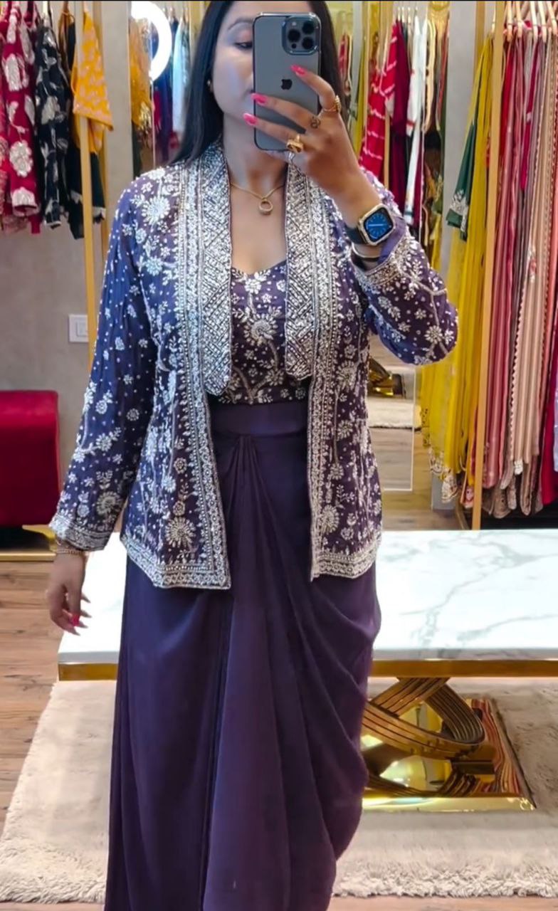 Embroidered Indo-Western Draped Skirt & Crop Top with Blazer Jacket