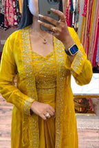 Indo-Western Draped Skirt & Crop Top with Embroidered Blazer Jacket