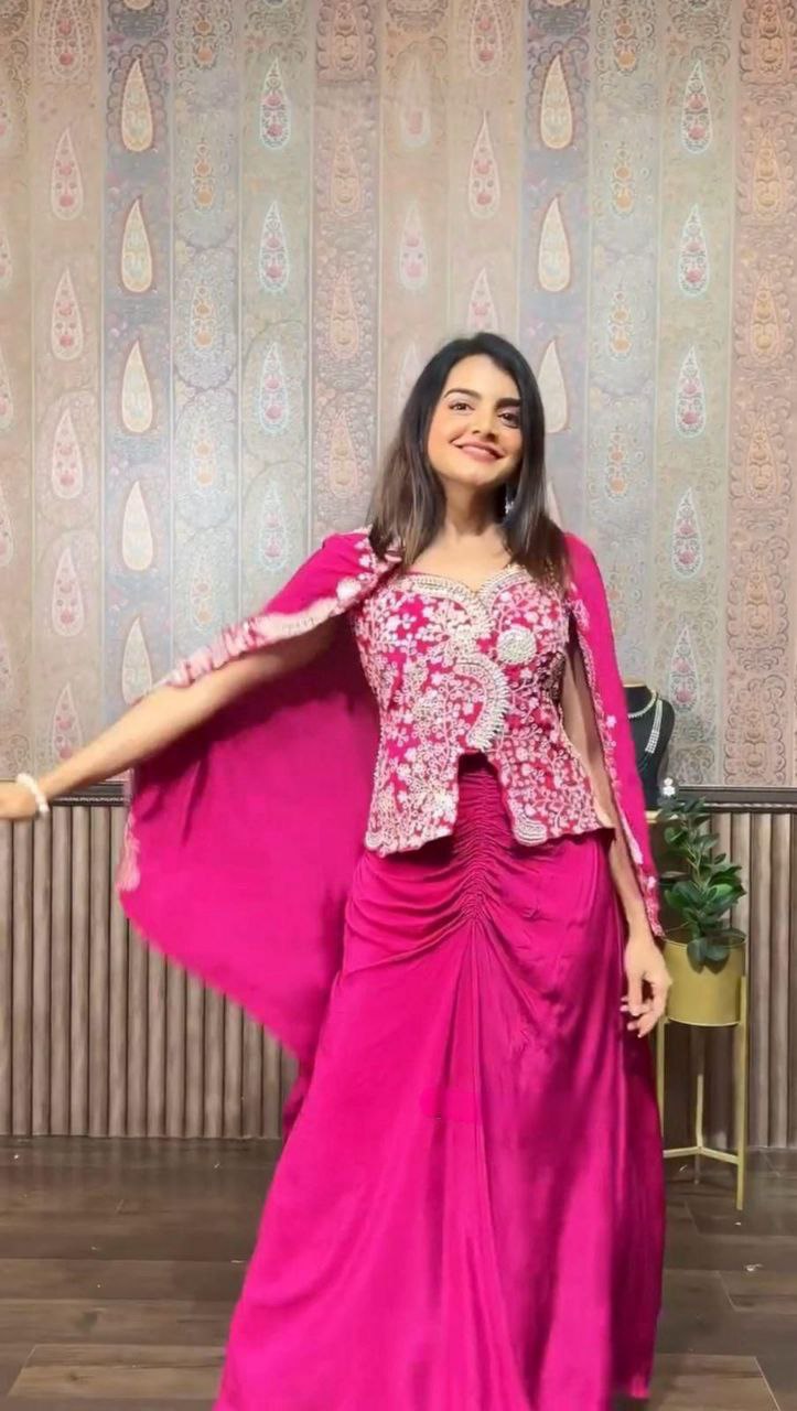 3-Piece Wine Color Sharara Suit with Heavy Embroidered Shrug and Crop Top