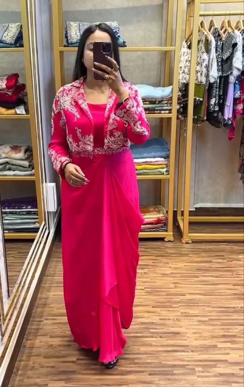Indo-Western Draped Skirt & Crop Top with Embroidered Blazer Jacket