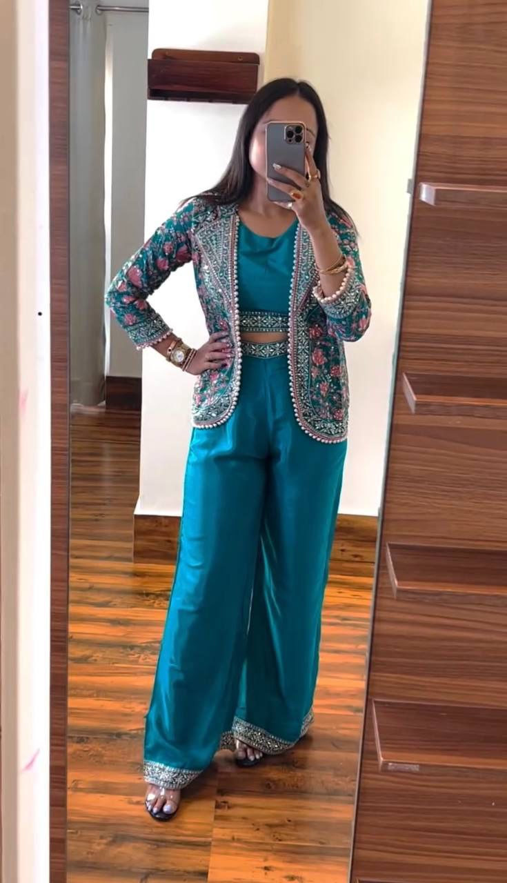 Designer Mehndi Green 3-Piece Palazzo Set with Heavy Embroidered Jacket