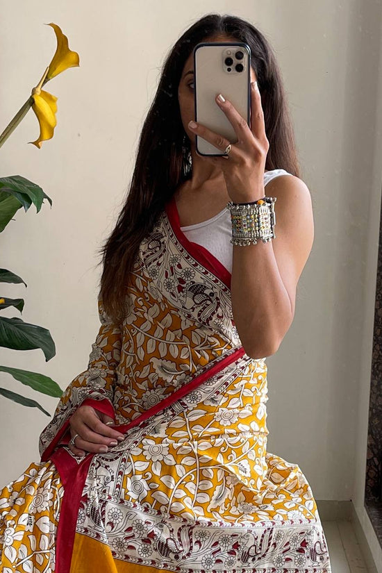 Woman's Kalamkari Hand Block Print Saree with Mulmul Cotton