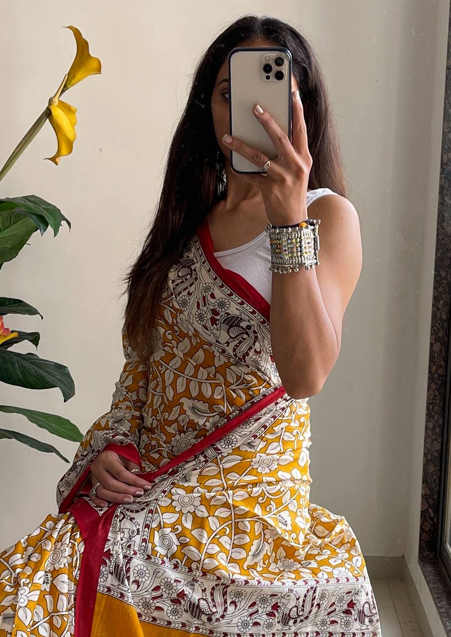 Woman's Kalamkari Hand Block Print Saree with Mulmul Cotton