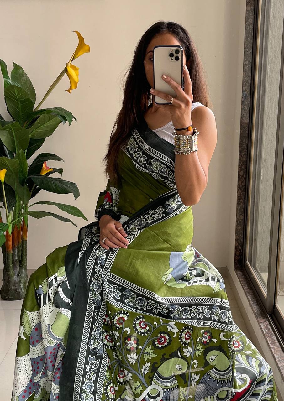 Trendy Mulmul Cotton Kalamkari Hand Block Print Saree