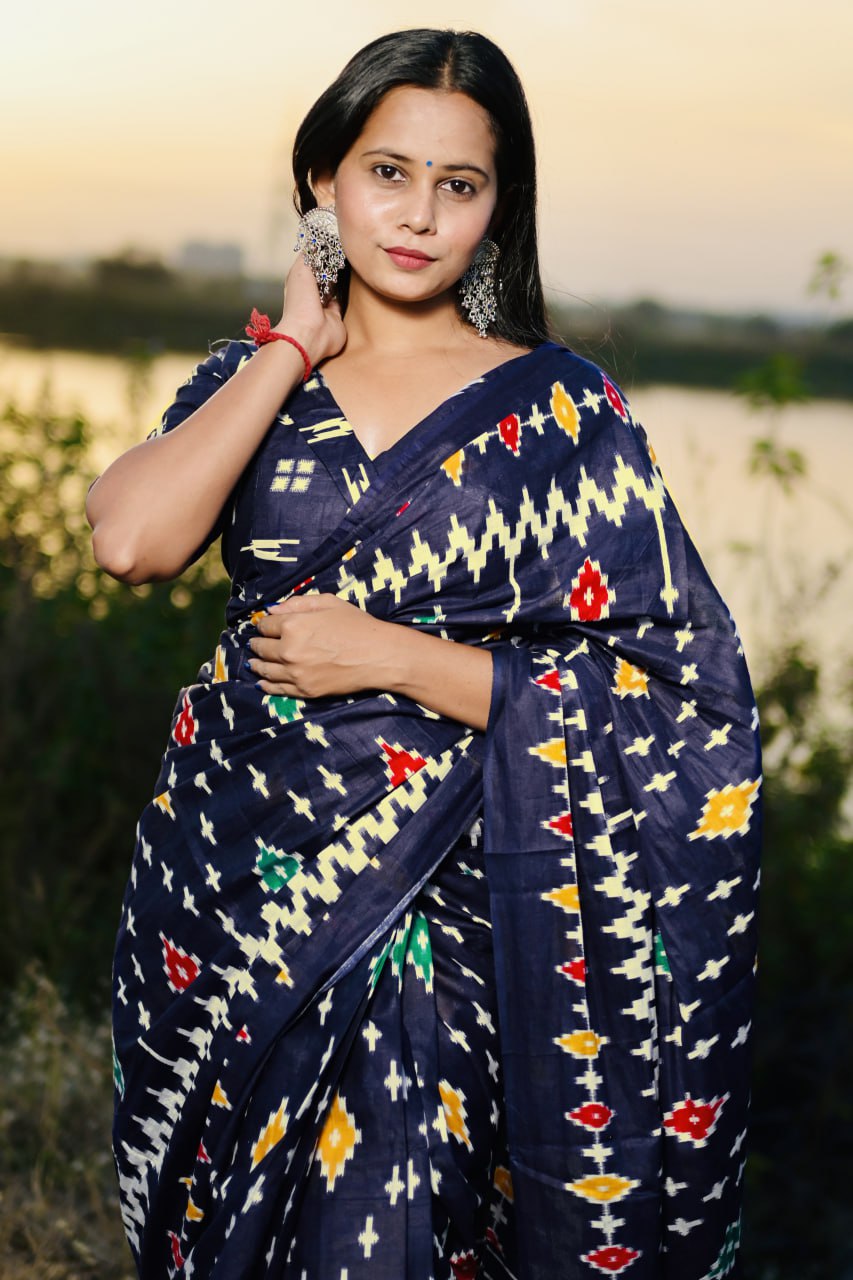 Ikkat Printed Mulmul Cotton Saree for Woman