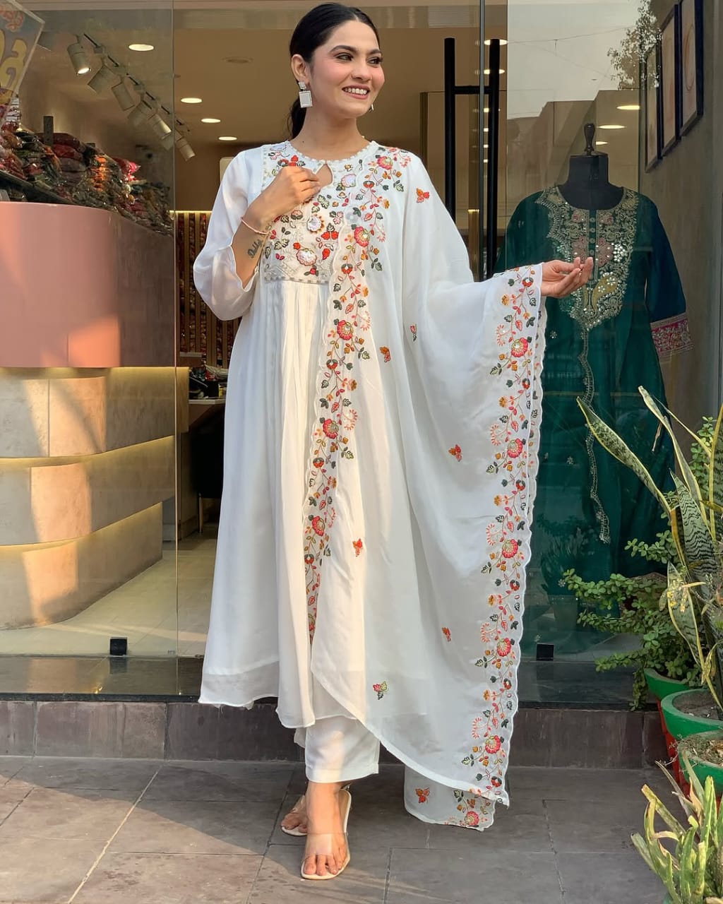 White Embroidered Cotton Silk Kurta Set with Dupatta Set