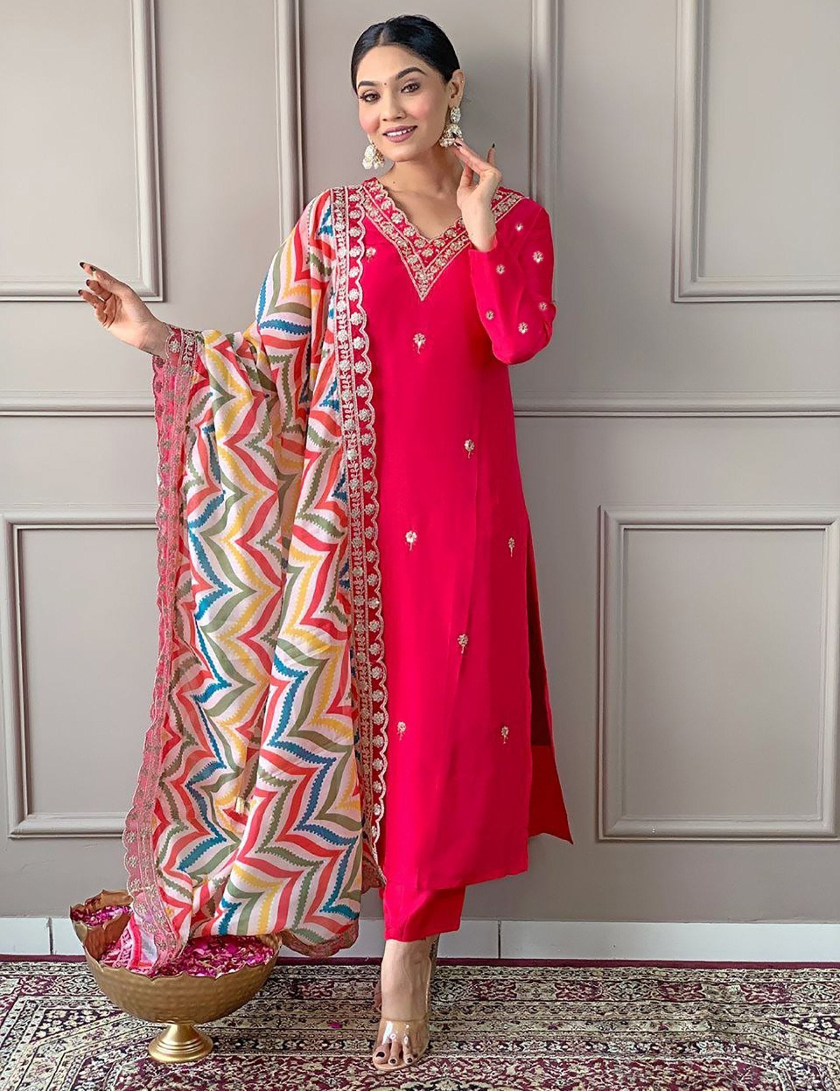 Women's Embroidered Cotton Silk Kurta Set with Dupatta Set