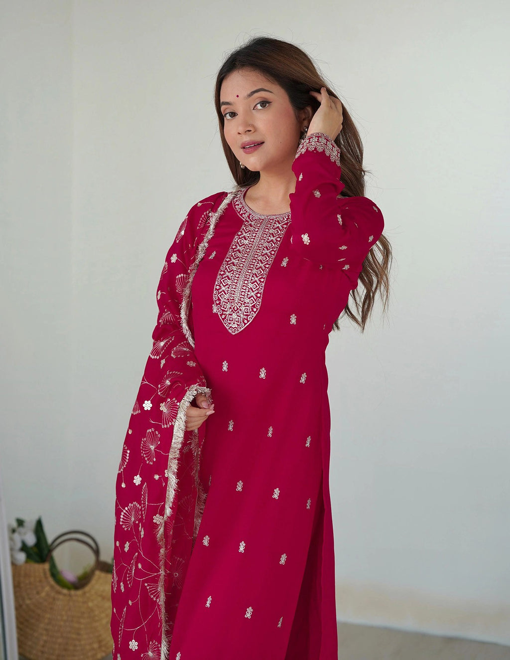 Georgette Embroidered Pink Kurta with Pant and Dupatta Set