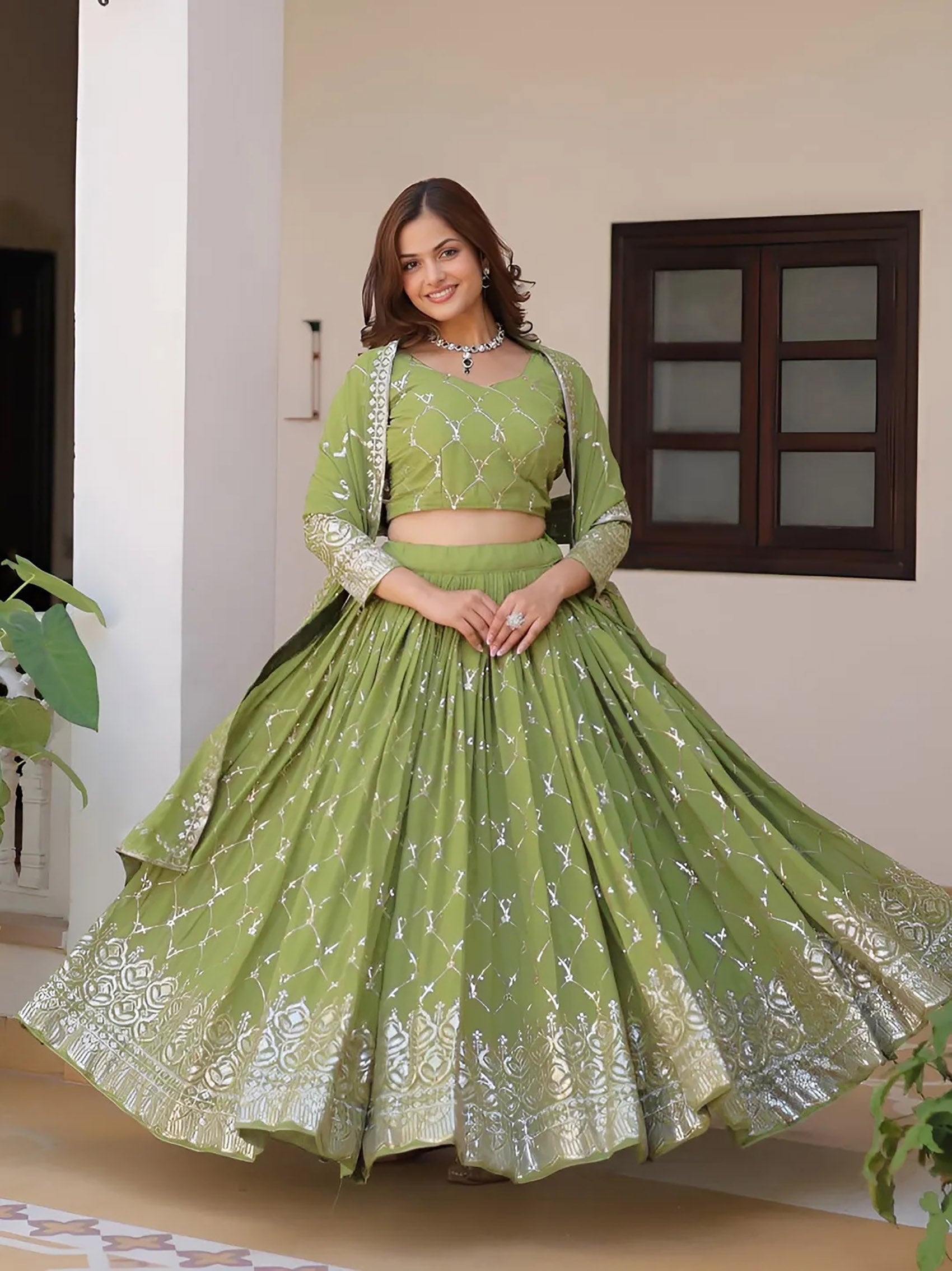 Mehendi Georgette Embroidered Sequins Lace Lehenga with Dupatta Set