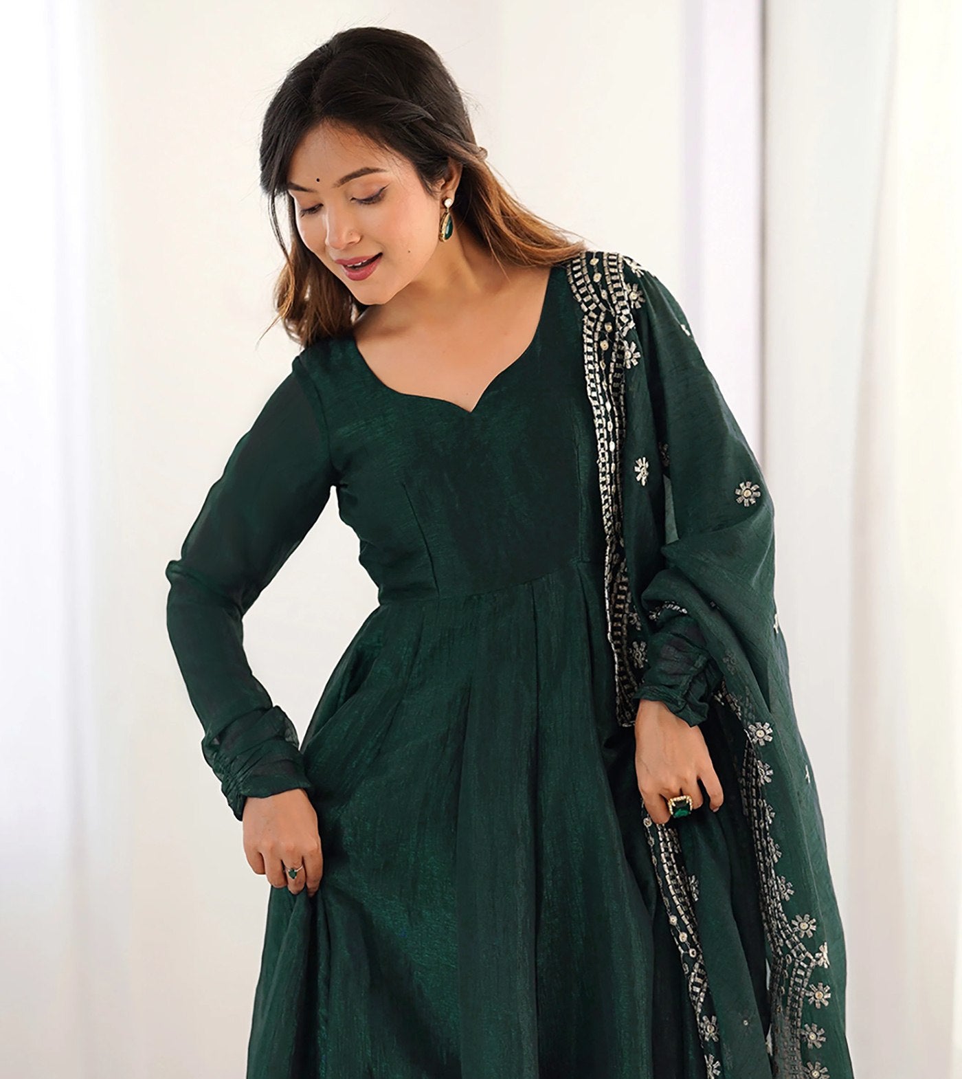 Vichitra Embroidered Green Kurta with Pant and Dupatta Set