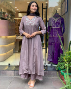 Embroidered Chinnon Purple Kurta with Pant and Dupatta Set