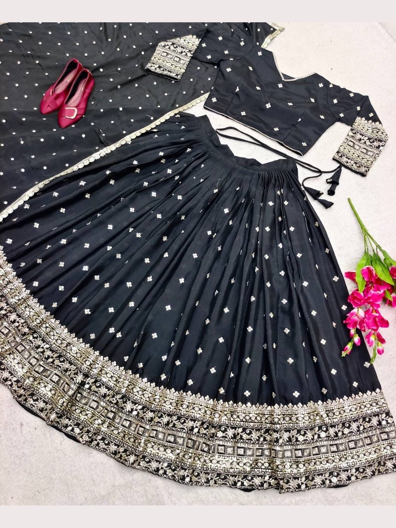 Women's Embroidered Sequins Lace Chinnon Lehenga with Dupatta Set