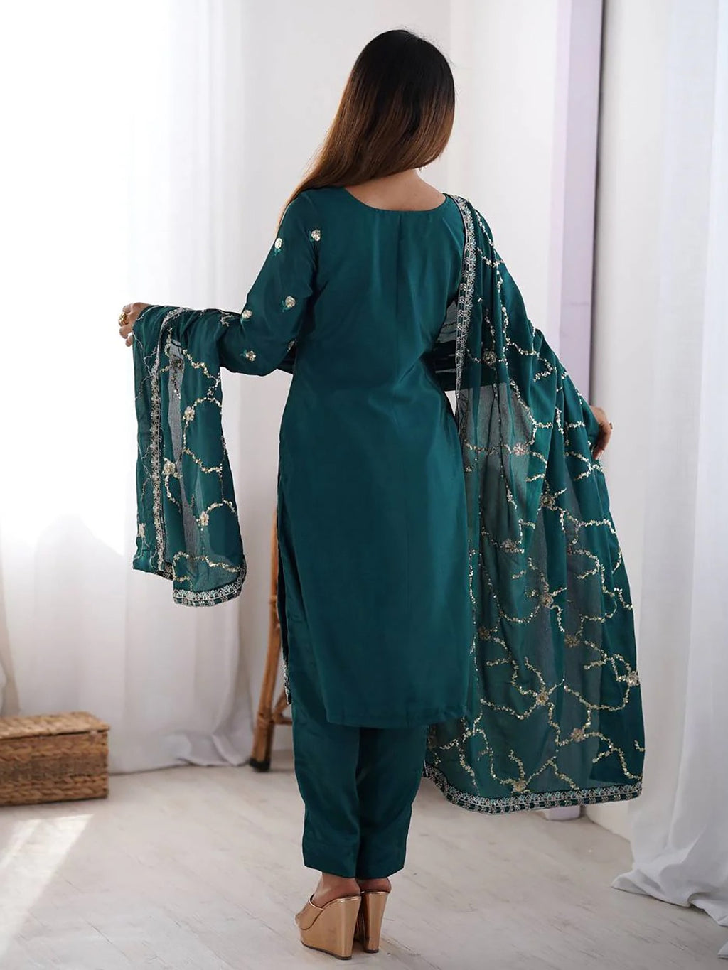 Teal Embroidered Cotton Silk Kurta Set with Dupatta