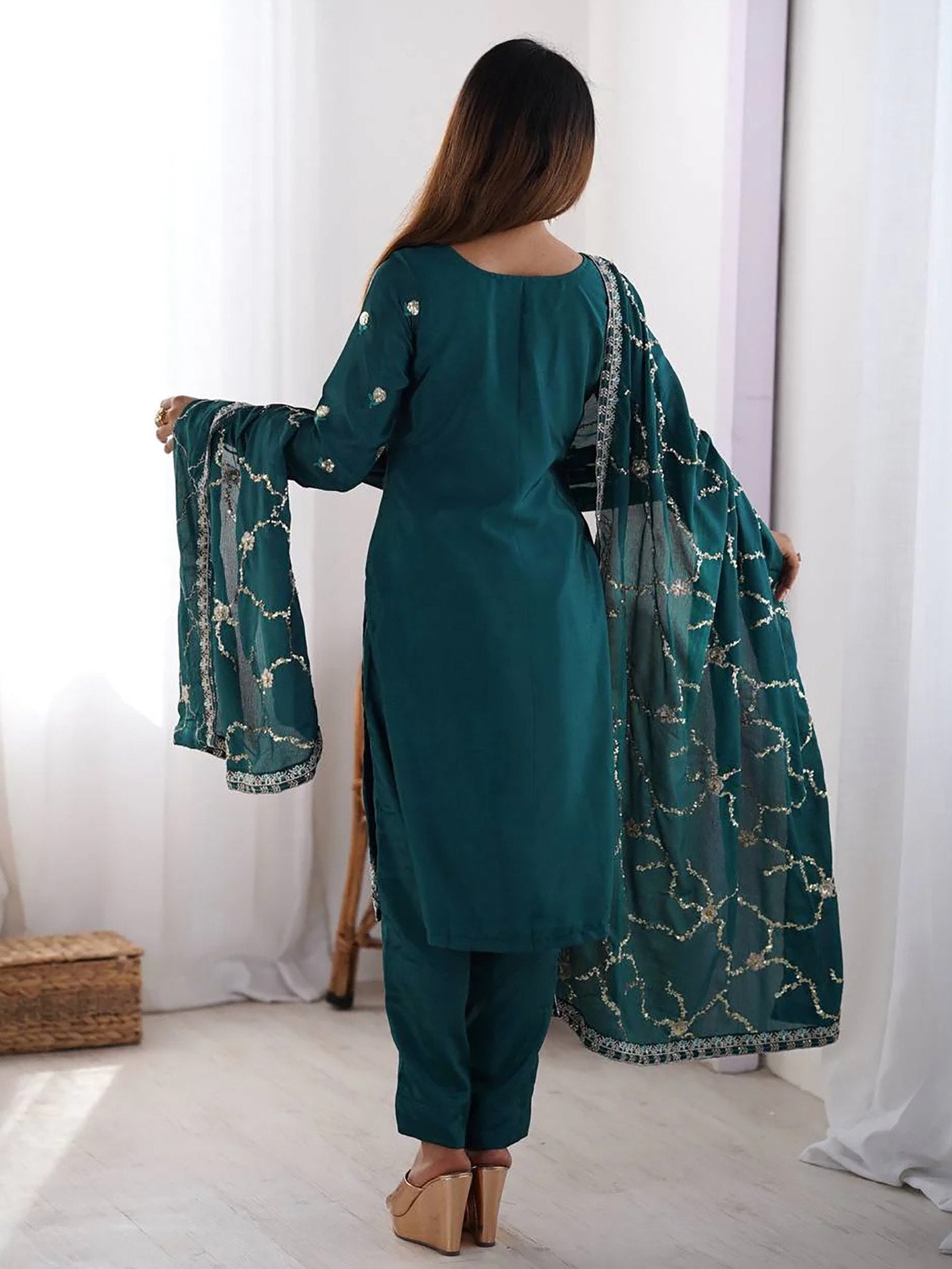 Teal Embroidered Cotton Silk Kurta Set with Dupatta