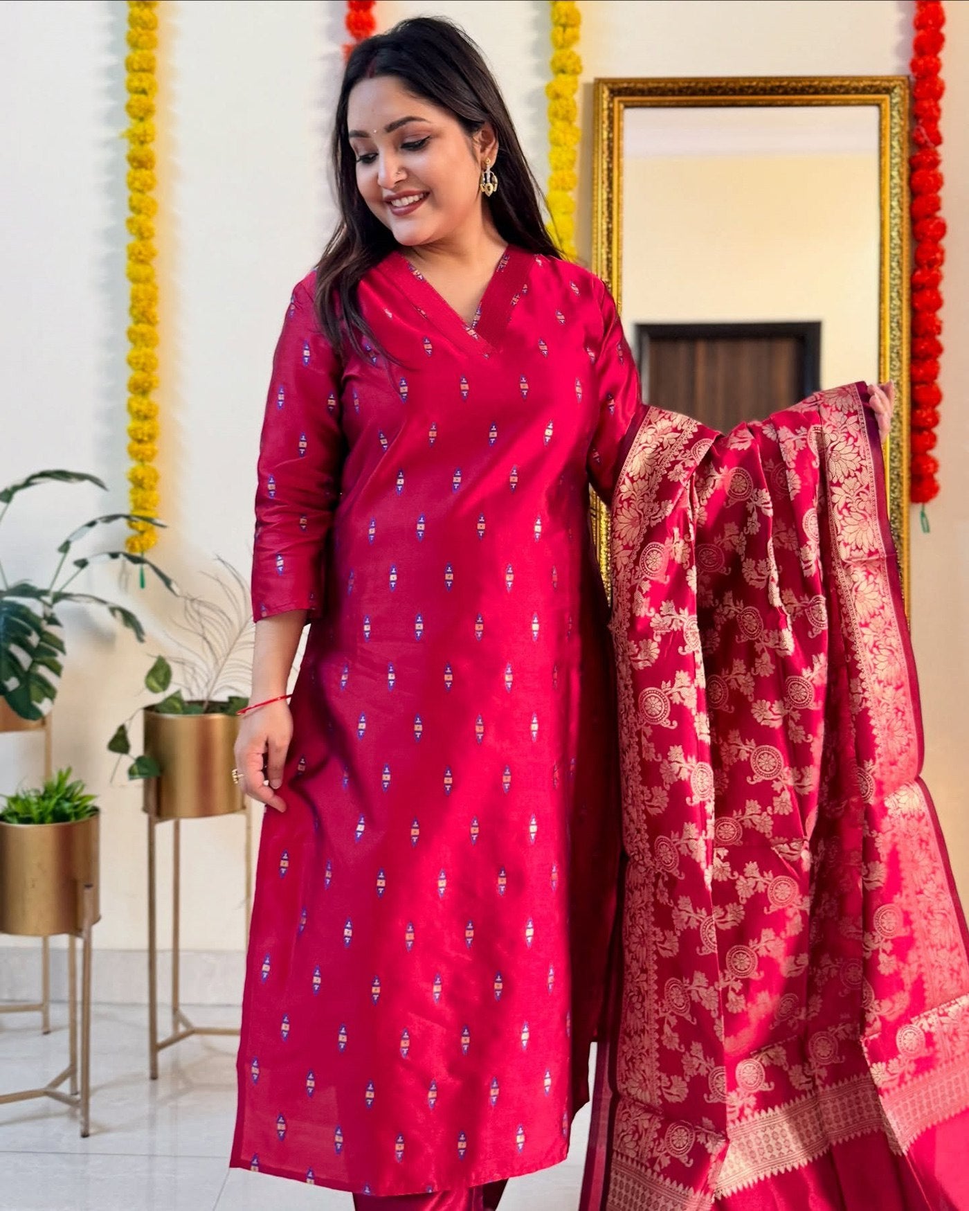 Trendy Jacquard Kurta with Pant and Dupatta Set