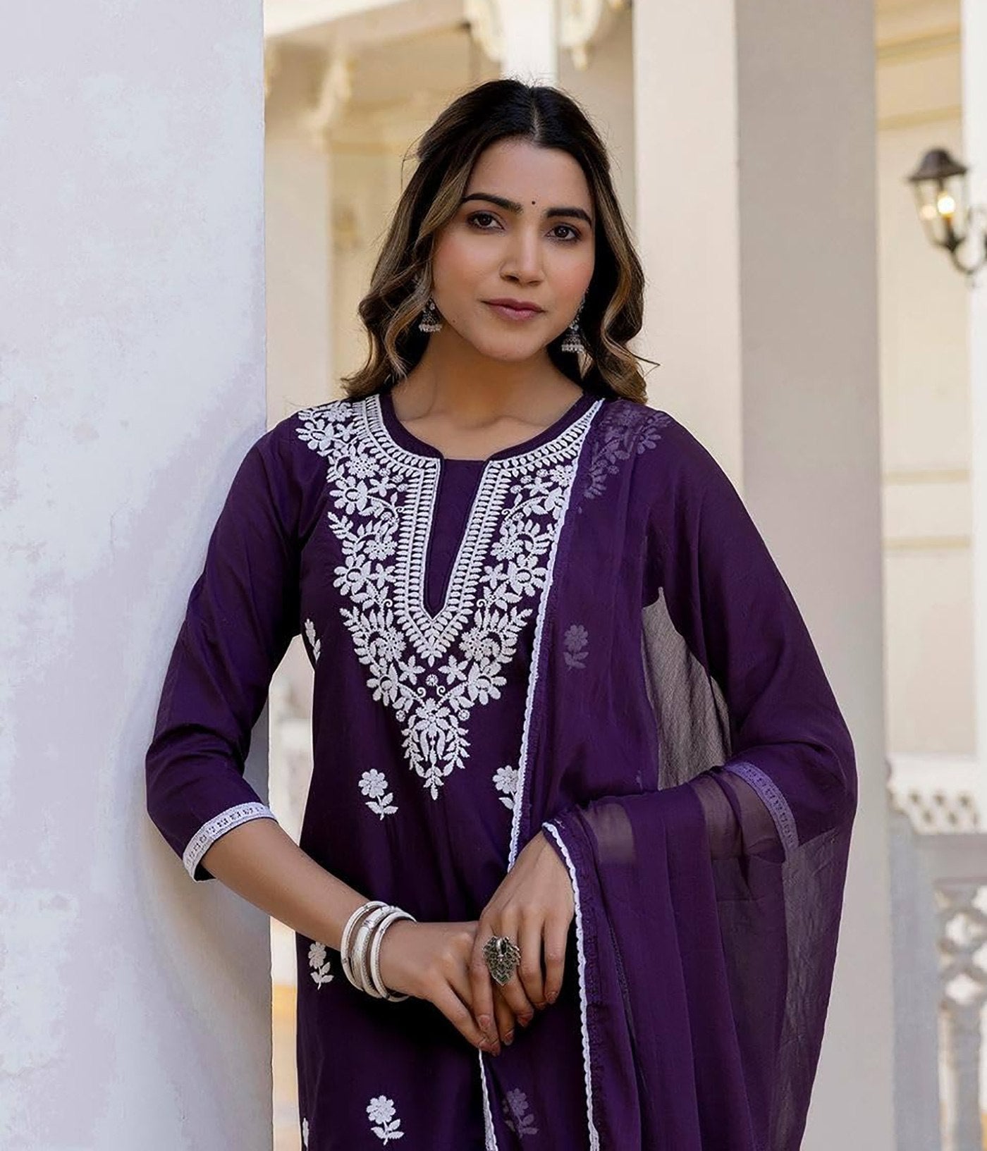 Cotton Silk Embroidered Purple Kurta Set with Dupatta