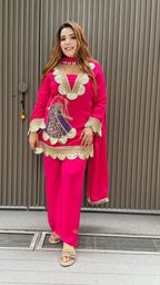 Festive Rani Pink Kurta Set with Peacock Embroidery & Gota Work