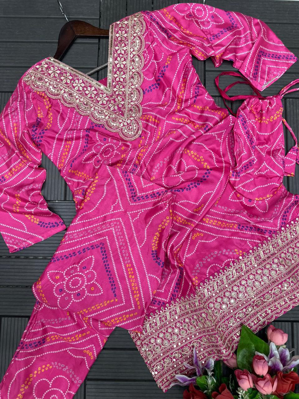 Pink Embroidered Heavy Chinnon Kurta Set