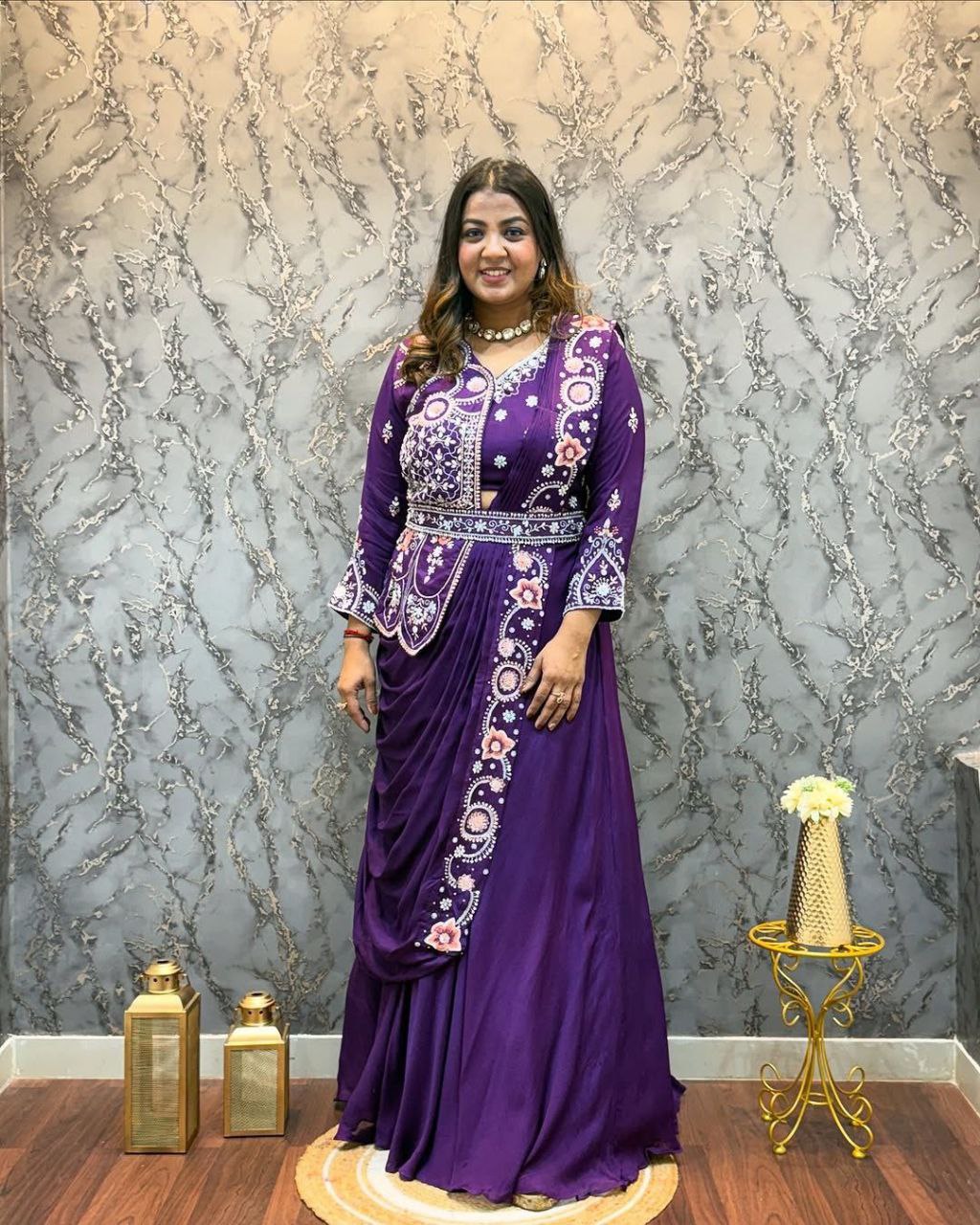Designer Royal Blue Saree-Style Gown with Attached Embroidered Jacket
