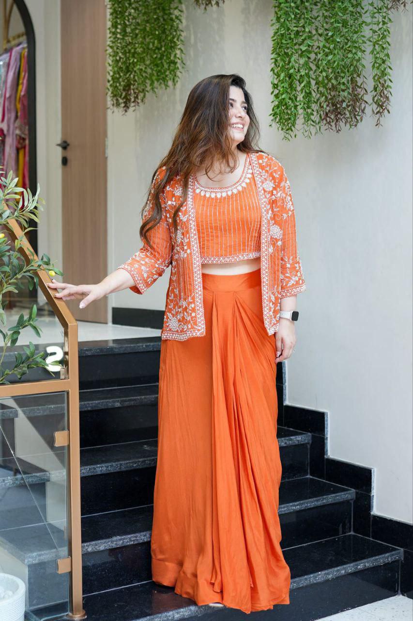 Embroidered Indo-Western Draped Skirt & Crop Top with Blazer Jacket