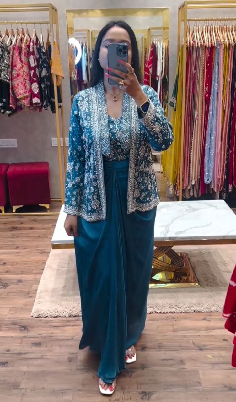 Embroidered Indo-Western Draped Skirt & Crop Top with Blazer Jacket