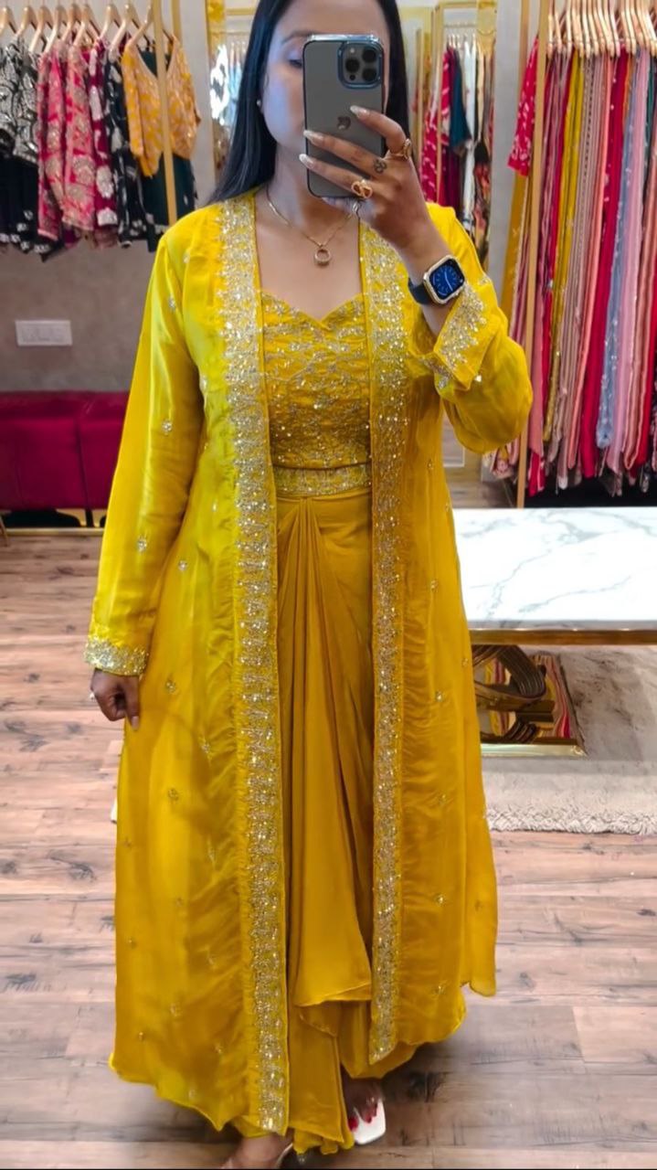 Indo-Western Draped Skirt & Crop Top with Embroidered Blazer Jacket
