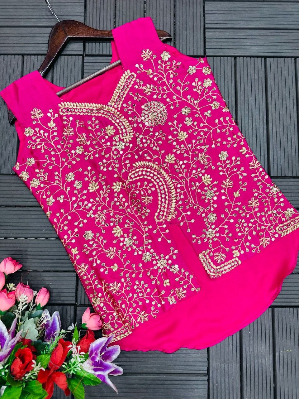 3-Piece Wine Color Sharara Suit with Heavy Embroidered Shrug and Crop Top