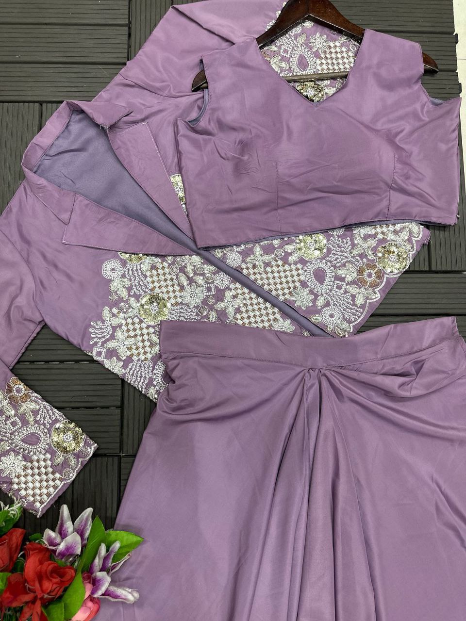 Indo-Western Draped Skirt & Crop Top with Embroidered Blazer Jacket