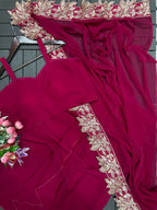 3-Piece Wine Color Sharara Suit with Heavy Embroidered Shrug and Crop Top