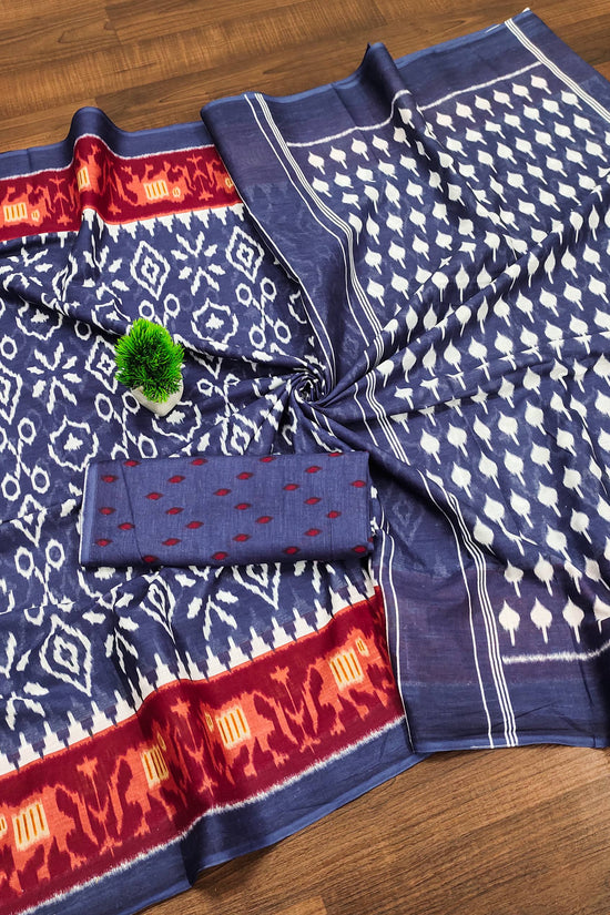 Ikkat Hand Block Print Mulmul Cotton Saree
