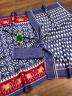 Ikkat Hand Block Print Mulmul Cotton Saree