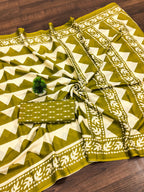 Pure Mulmul Cotton Zigzag Hand Block Printed Saree with Blouse Piece
