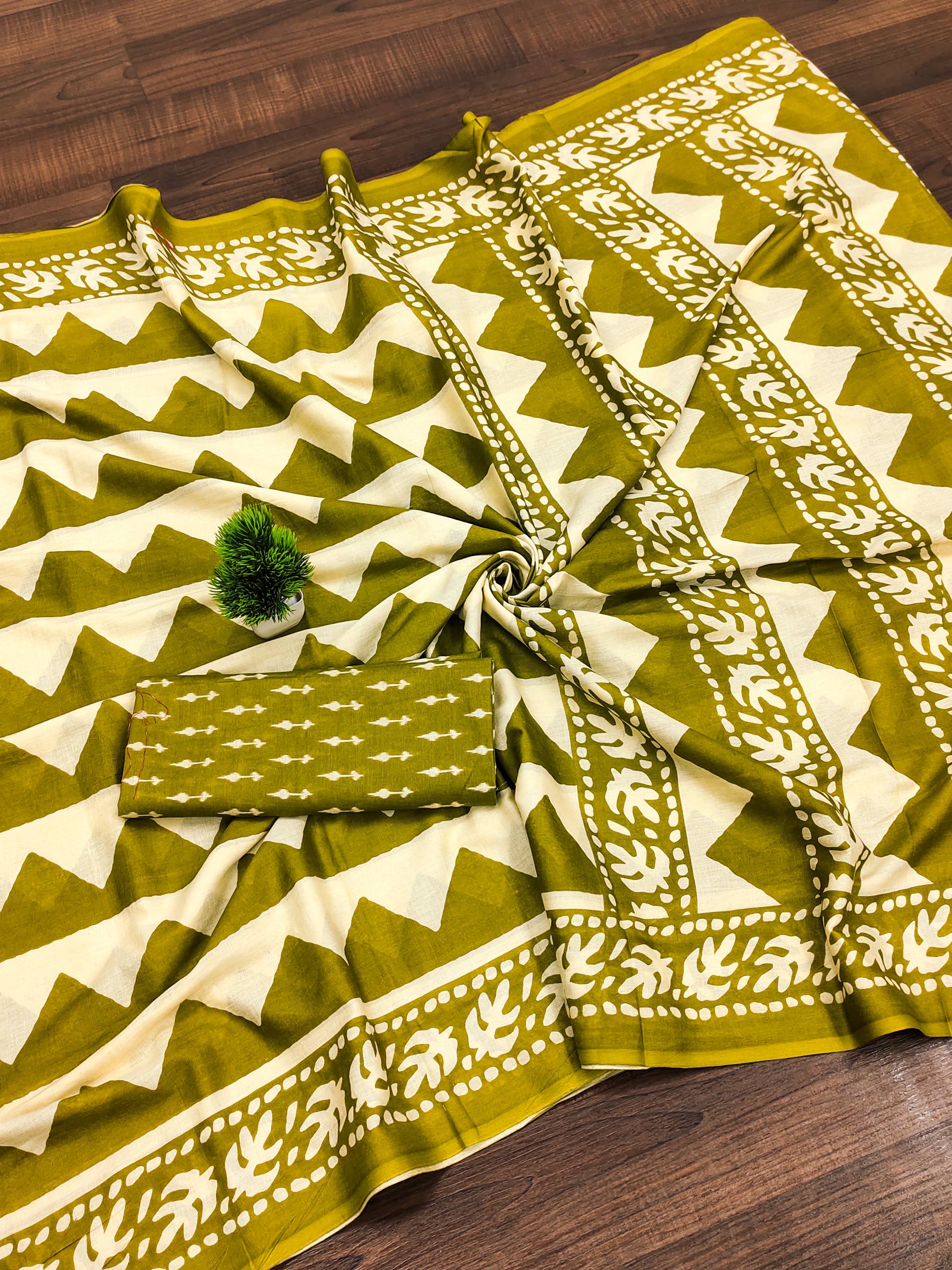 Pure Mulmul Cotton Zigzag Hand Block Printed Saree with Blouse Piece