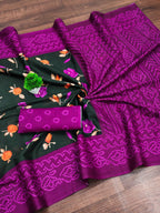 Mulmul Cotton Bandhani Saree with Flower Block Print
