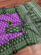 Ikkat Hand Block Print Mulmul Cotton Saree