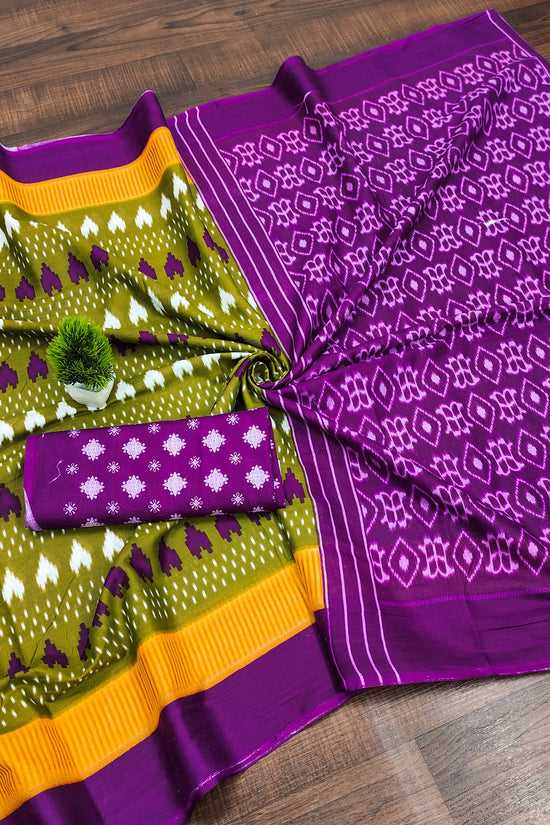 Classic Mulmul Cotton Saree with Ikkat Hand Block Print