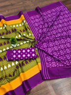 Classic Mulmul Cotton Saree with Ikkat Hand Block Print