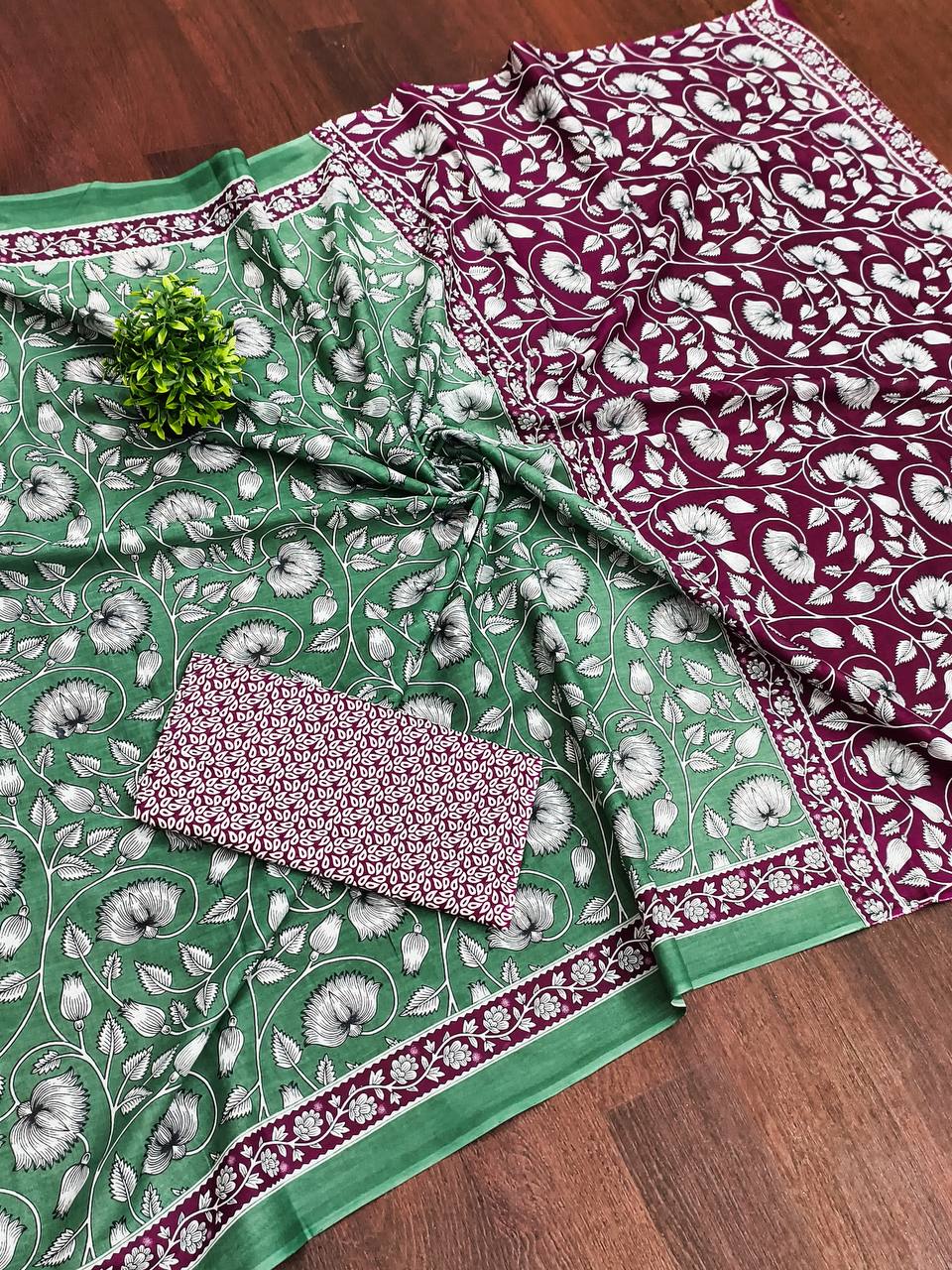 Classic Mulmul Cotton  Floral Hand Block Print Saree