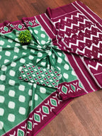 Women's Mulmul Cotton Ikkat Hand Block Print Saree