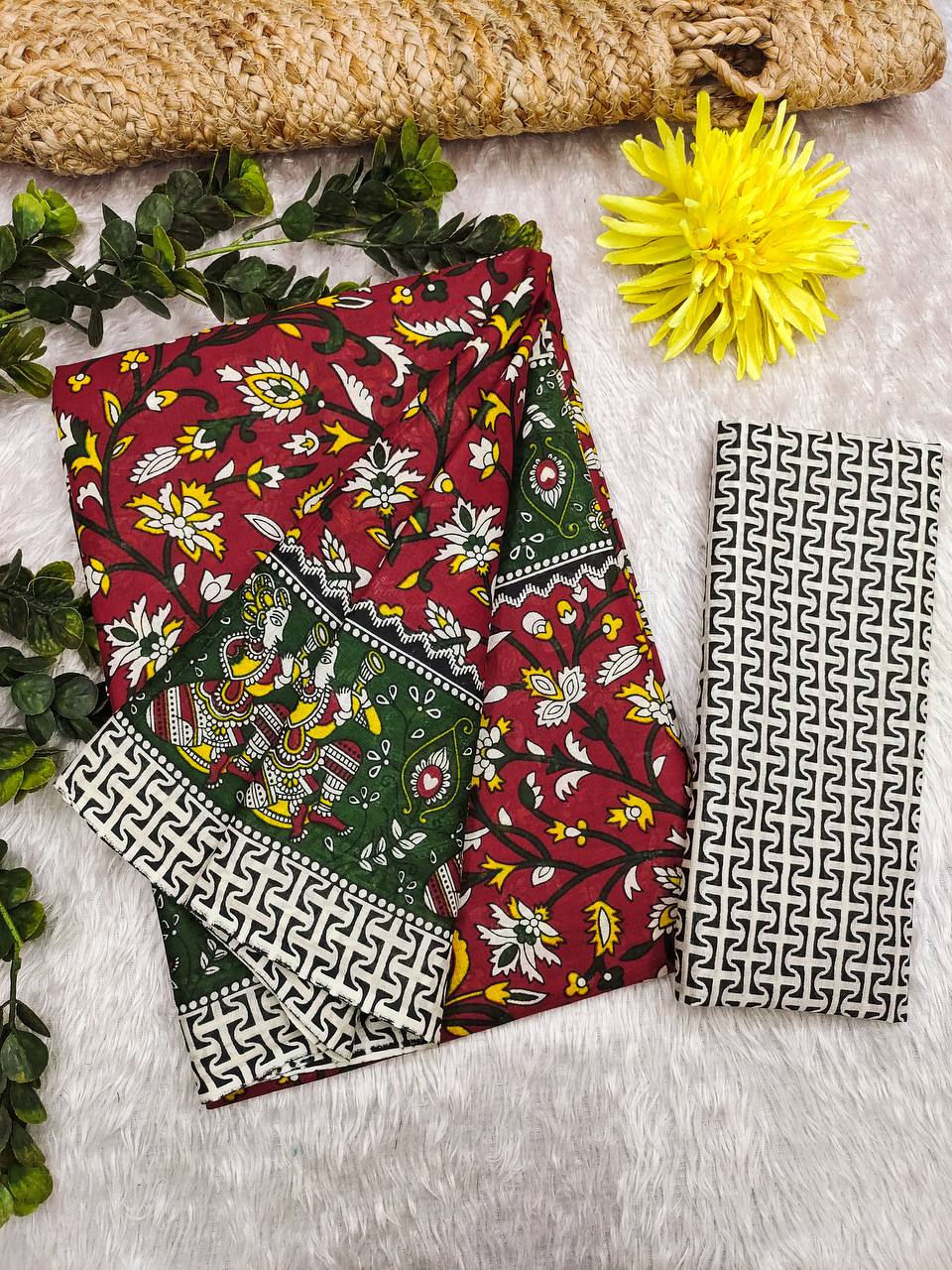 Mulmul Cotton Kalamkari Hand Block Print Saree