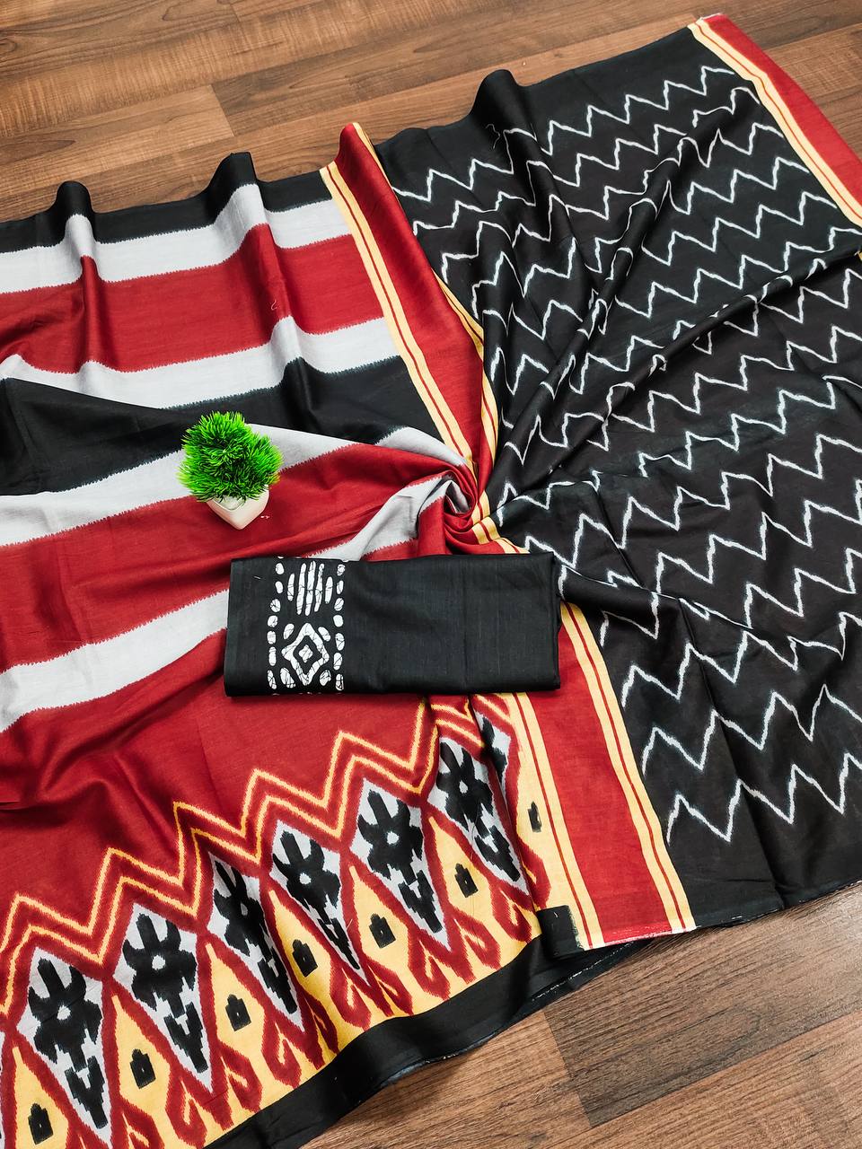 Mulmul Cotton Ikkat Hand Block Print Saree