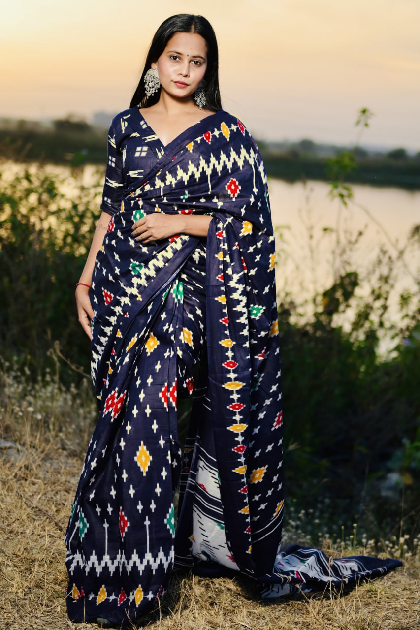 Ikkat Printed Mulmul Cotton Saree for Woman