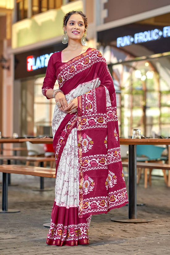 Elegance Mulmul Cotton Zari Border Printed Saree