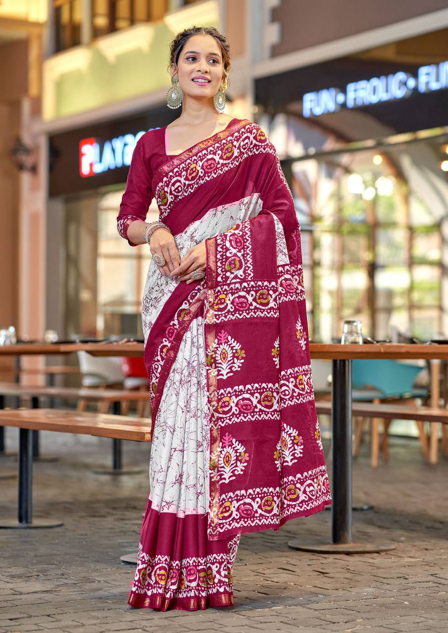 Elegance Mulmul Cotton Zari Border Printed Saree